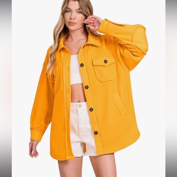 Zenana Outfitters Jackets & Blazers - Zenana All About the Fleece Lightweight Button-Down Shacket yellow orange medium